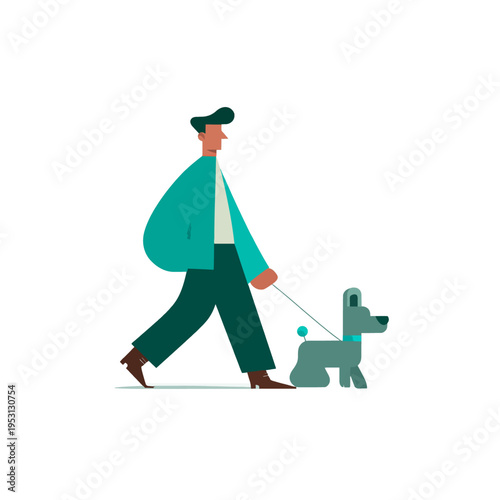 Man walking dog on leash outdoors, casual lifestyle, modern flat illustration, concept of pet ownership and companionship, simple graphic design with copy space