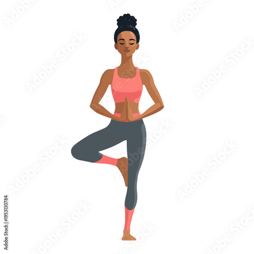 Black woman practicing yoga tree pose, meditating with hands in prayer, serene and balanced Concept of fitness, wellness, and mindfulness