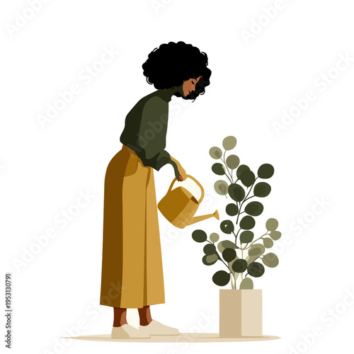 Black woman watering potted plant with watering can, domestic gardening, selfcare, and home decor concept Woman tending to indoor plant, healthy lifestyle, and green living