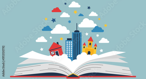 Illustration of an open book with buildings and clouds emerging, symbolizing imagination, storytelling, and the creation of worlds