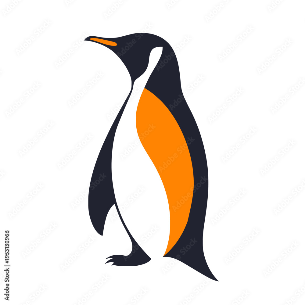 Fototapeta premium Stylized penguin illustration with orange and dark blue colors, minimalist design, standing profile view, isolated on white background, representing wildlife and nature