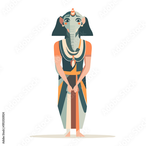 Egyptian elephant god Ganesha in traditional attire, standing with hands clasped, representing wisdom, prosperity, and overcoming obstacles in a stylized, artistic depiction