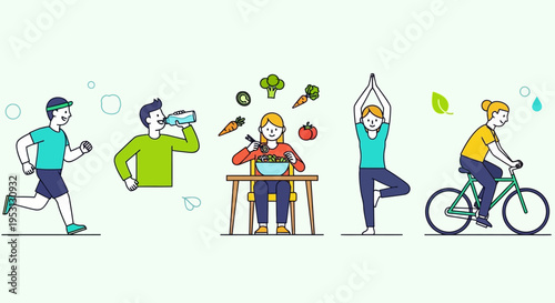 Healthy lifestyle illustration with people exercising and eating nutritious food