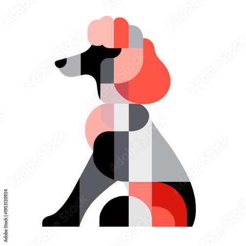 Abstract geometric poodle dog illustration, modern minimalist art with coral, grey, and black shapes, clean design for pet lovers and graphic design concepts