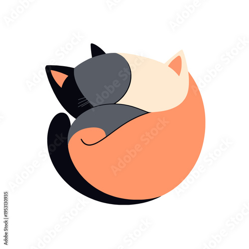 Cute calico cat sleeping curled up in a ball, simple flat illustration, peaceful and cozy mood, perfect for petrelated designs and childrens content