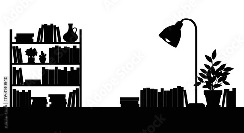 Silhouette of a bookshelf filled with books and a lamp illuminating a study desk, creating a cozy reading nook