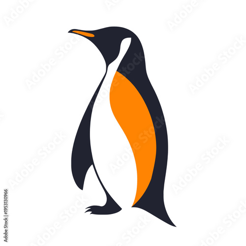 Stylized penguin illustration with orange and dark blue colors, minimalist design, standing profile view, isolated on white background, representing wildlife and nature