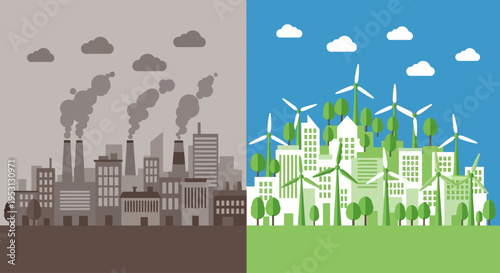 Urban pollution versus a sustainable green city with renewable energy sources and clean air