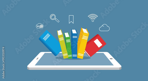 Digital Library and E-learning Concept with Stack of Books Emerging from a Tablet Screen