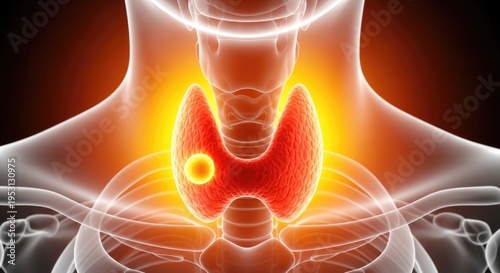 Thyroid gland, human anatomy with illuminated inflammation and nodule, symbolizing thyroid disease, medical pathology, endocrine system health, and diagnosis challenges