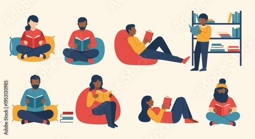 Diverse group of people enjoying reading in various comfortable positions, highlighting the joy and relaxation of literature, showcasing leisure time activities and personal enrichment