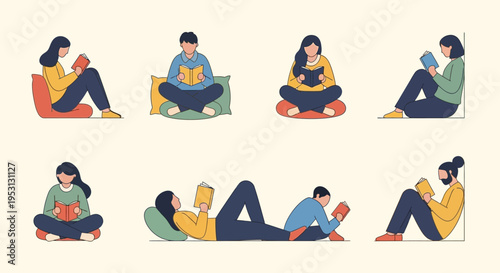 Diverse individuals engrossed in reading books, finding relaxation and knowledge in various comfortable settings