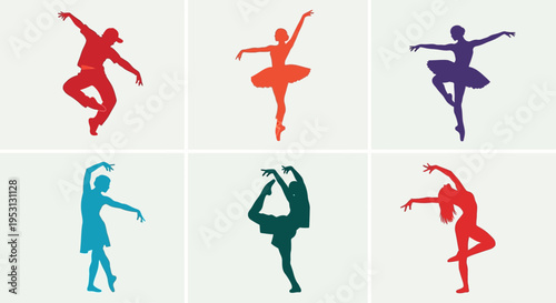 Set of diverse dancers in graceful poses, illustrating movement and artistic expression through silhouette and color