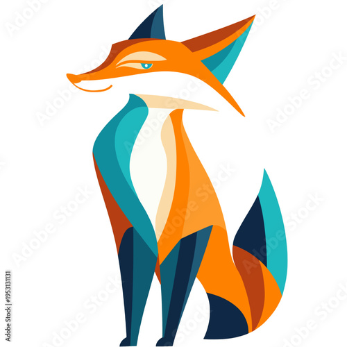 Stylized fox illustration with geometric shapes and vibrant colors, sitting alertly Modern, abstract animal art representing cunning, intelligence, and nature