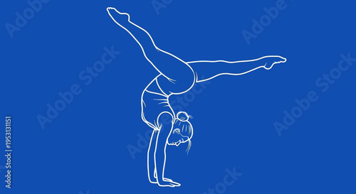 Gymnast gracefully performing a handstand split in a stylized line art illustration on a blue background