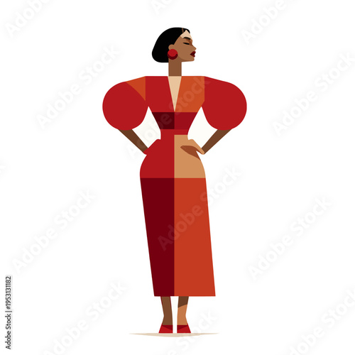 Woman in red dress with puffed sleeves, standing confidently with hands on hips, modern fashion illustration, elegant pose, bold style, graphic art, vector, isolated on white background, concept of em