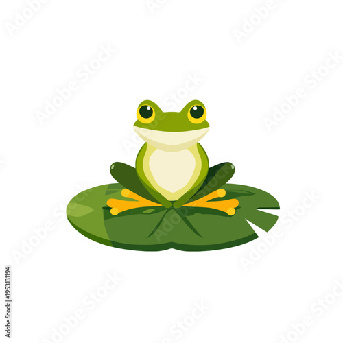 Green frog sitting on a lily pad, cute cartoon amphibian character, isolated on white background, concept of nature and wildlife
