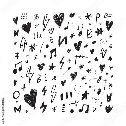 Black and white doodle collection featuring hearts stars lightning bolts and various symbols