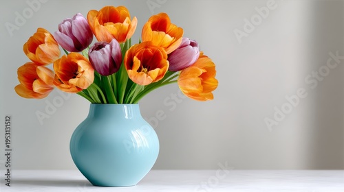 Vibrant orange and purple tulips bloom in a light blue vase. Flowers sit on a clean white surface, softly lit. Background is simple and minimalistic, calming and fresh. Ideal for spring, home decor