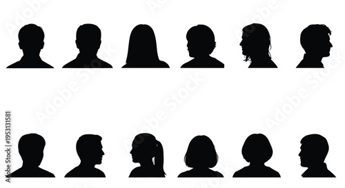 Silhouettes of diverse human profiles arranged in two horizontal rows of five each