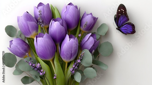Bouquet of purple tulips with green eucalyptus leaves. Butterfly with dark wings rests nearby. Soft, clean background suits spring or wedding themes. Perfect for greeting cards, floral design