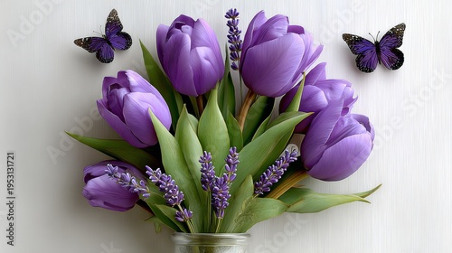 Vase holds purple tulips and lavender sprigs. Two butterflies hover nearby. Flowers look fresh and vibrant. Scene feels calm and springtime-inspired. Perfect for greeting cards, wedding invitations