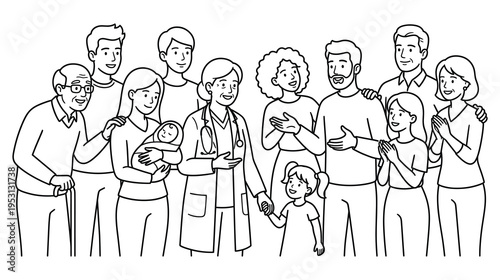 Diverse family with doctor and newborn baby in line art vector