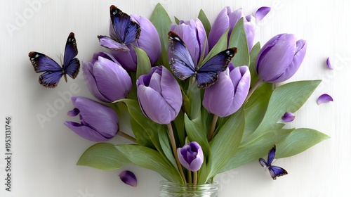 Purple tulips in glass vase with butterflies. Soft light highlights petals and wings. Flowers and insects suggest spring renewal. Ideal for greeting cards, wedding themes, or floral designs