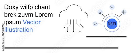Financial technology, digital banking, blockchain, cryptocurrency, cloud computing, innovation. Diagram a cloud connected to a DeFi hub with icons. Blockchain and cryptocurrency