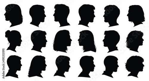 Collection of diverse silhouetted human profiles in a grid formation