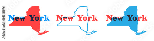 New York state map silhouette with the state name in retro typography above. Vintage design with overprint colors and bold shapes, perfect for posters, apparel, travel graphics, and Americana designs.