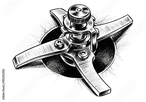 Close-up illustration of a stainless steel blender blade assembly with screws and a textured knob
