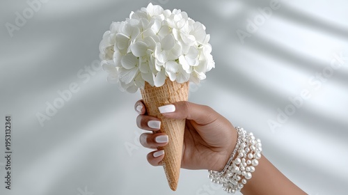 Hand holds white hydrangea flowers in waffle cone. Soft shadows create serene atmosphere. Elegant wrist bracelet adds stylish touch. Perfect for floral fashion or summer-themed designs