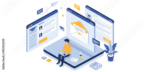 Remote work digital communication illustration, laptop with screens, email chat messages, online collaboration concept, modern workspace design, flat vector illustration