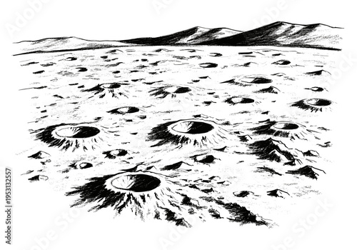 Sketch of a desolate lunar landscape with numerous impact craters and distant mountains