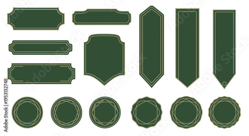 Collection of dark green labels and badges with gold trim on white