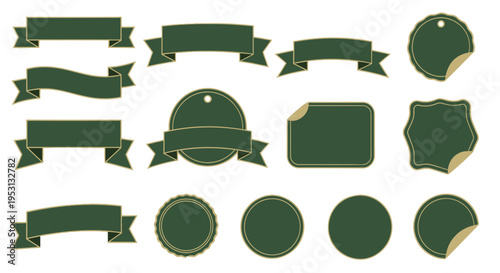 Collection of dark green labels and banners with gold trim on white