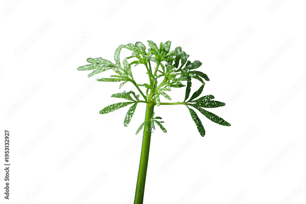 Fototapeta premium Green plant growing upward, its delicate leaves covered in fresh water drops, symbolizing growth, ecology, and natural beauty
