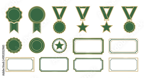 Collection of green and gold award seals ribbons medals and rectangular labels