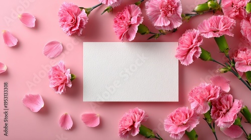 Pink carnations surround blank card on soft pink background. Petals float gently around the center space. Ideal for greeting cards or wedding invitations. Soft tones evoke warmth and affection