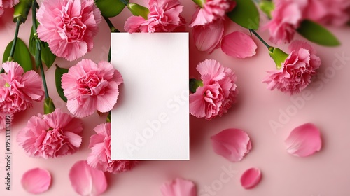 Pink carnations surround a blank white card. Soft petals and green stems spread across pastel pink surface. Ideal for greeting cards, weddings, or spring-themed designs. No people shown