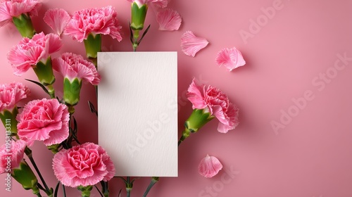 Pink carnations surround a blank card on soft pink background. Flowers appear fresh and vibrant, arranged naturally. Ideal for greeting cards, wedding invitations, or romantic messages