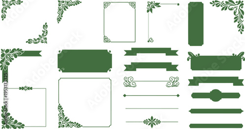 Collection of green and gold ornamental corner decorations frames banners and dividers