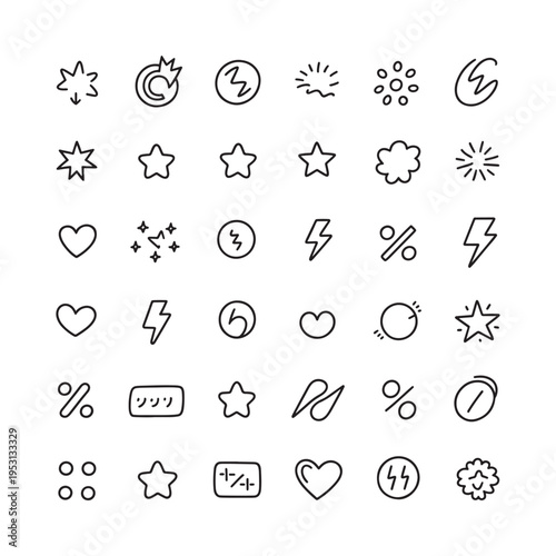 Collection of diverse black line icons depicting weather symbols and decorative elements