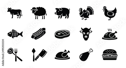 A collection of icons representing various meats, seafood, and dining utensils