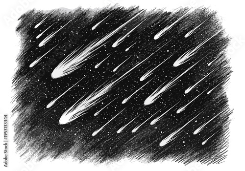 Hand-drawn illustration of a meteor shower streaking across a starry night sky