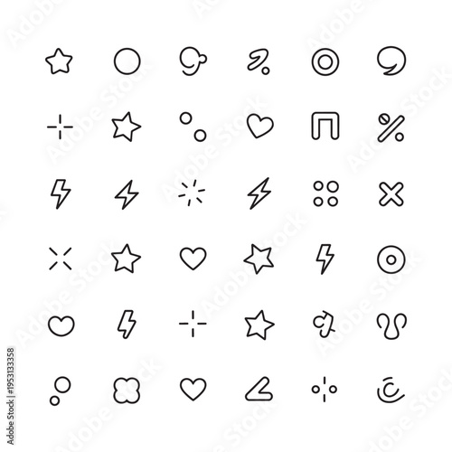 Collection of minimalistic black line icons representing various symbols and shapes