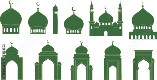Collection of green Islamic mosque domes minarets and arch entryways