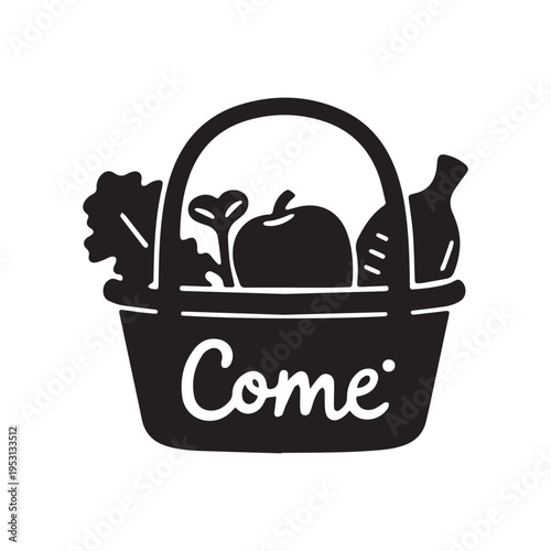 Come Food Basket Silhouette Icon With Fresh Organic Vegetables Isolated On White