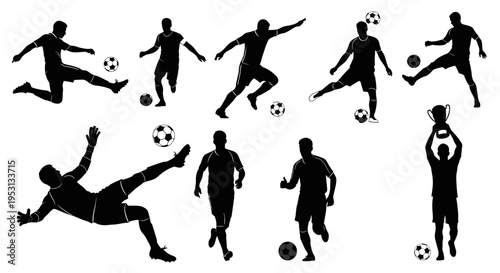 footballer silhouettes in various dynamic action poses kicking dribbling and celebrating success.